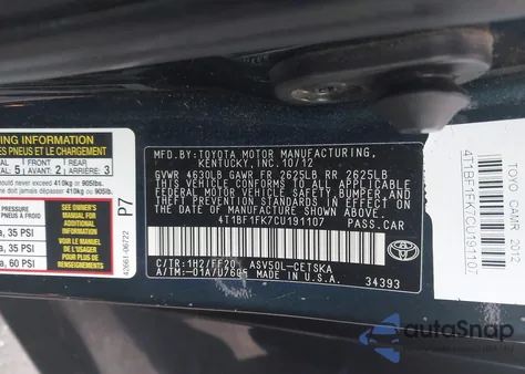 2012 Toyota Camry Se from USA, damaged, VIN 4T1BF1FK7CU191107